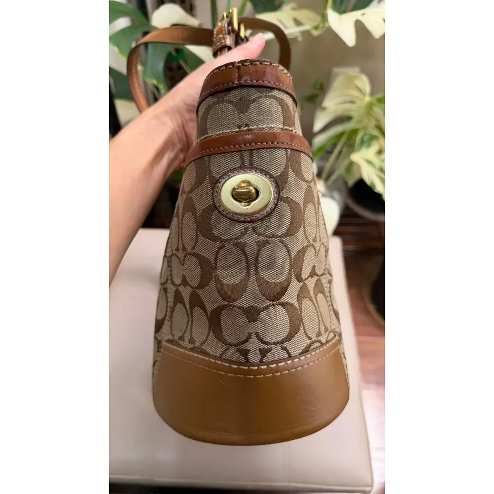 Coach Shoulder Bag Logo Pattern Leather Trim Gold Hardware Pockets